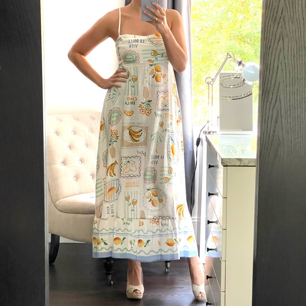 New! Summer Lemon Italian Printed Maxi Dress with Thin Straps & Fuller Skirt L